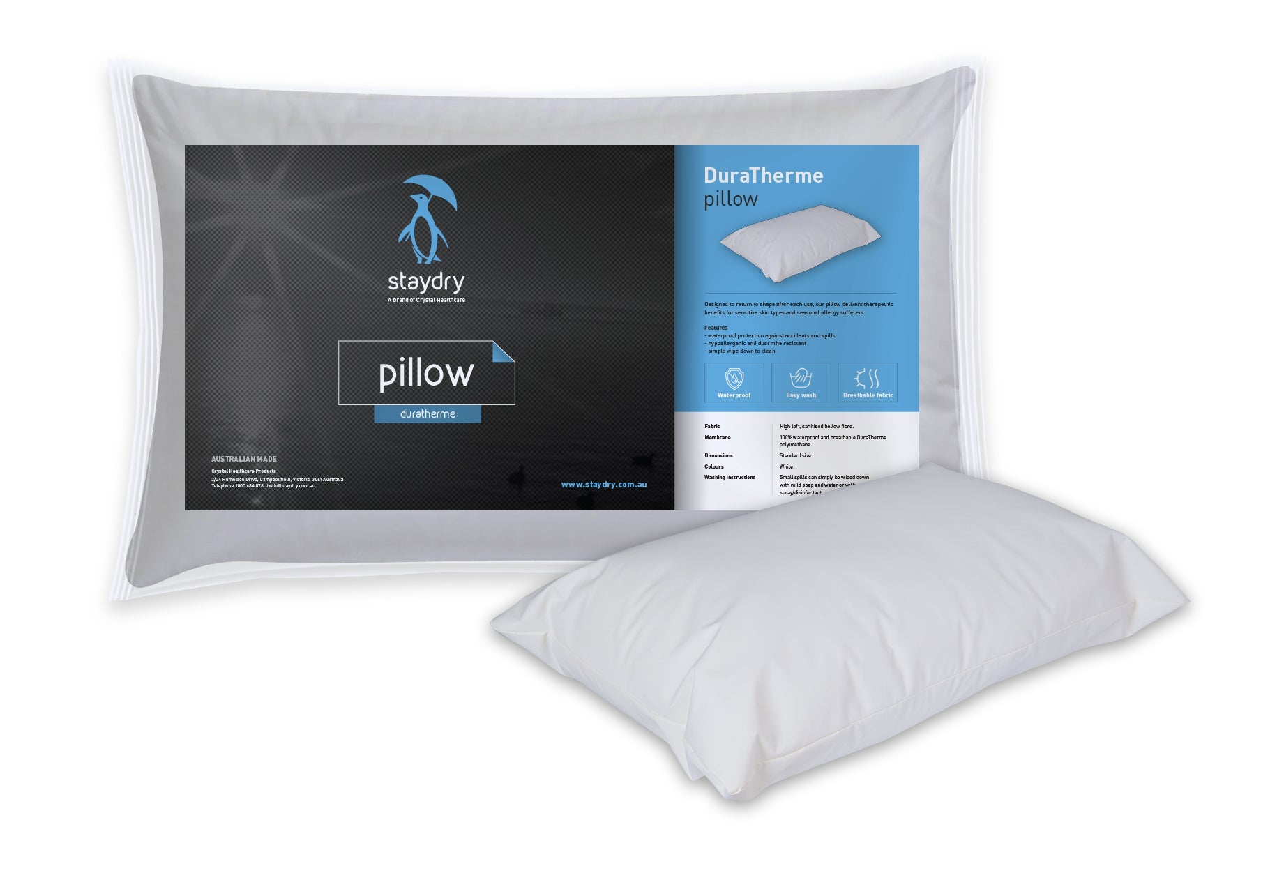 Whitte pillow sitting next to its packaging.