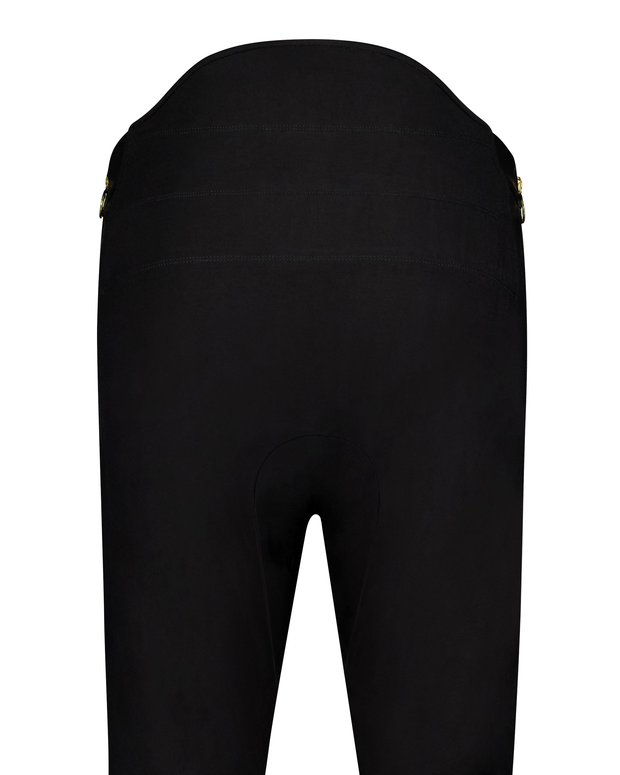 Image of seamless backside of Vegan Leather pants, which helps prevent pressure sores. The fabric is plain black bamboo. Christina Stephens Adaptive Clothing Australia.